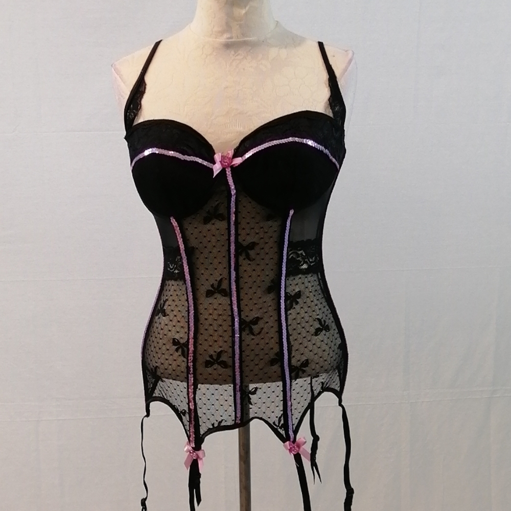 Coquette Black and Pink Lace Bustier  NWOT…